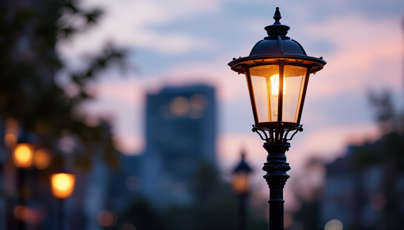 A photograph of a beautifully illuminated street lamp post at twilight
