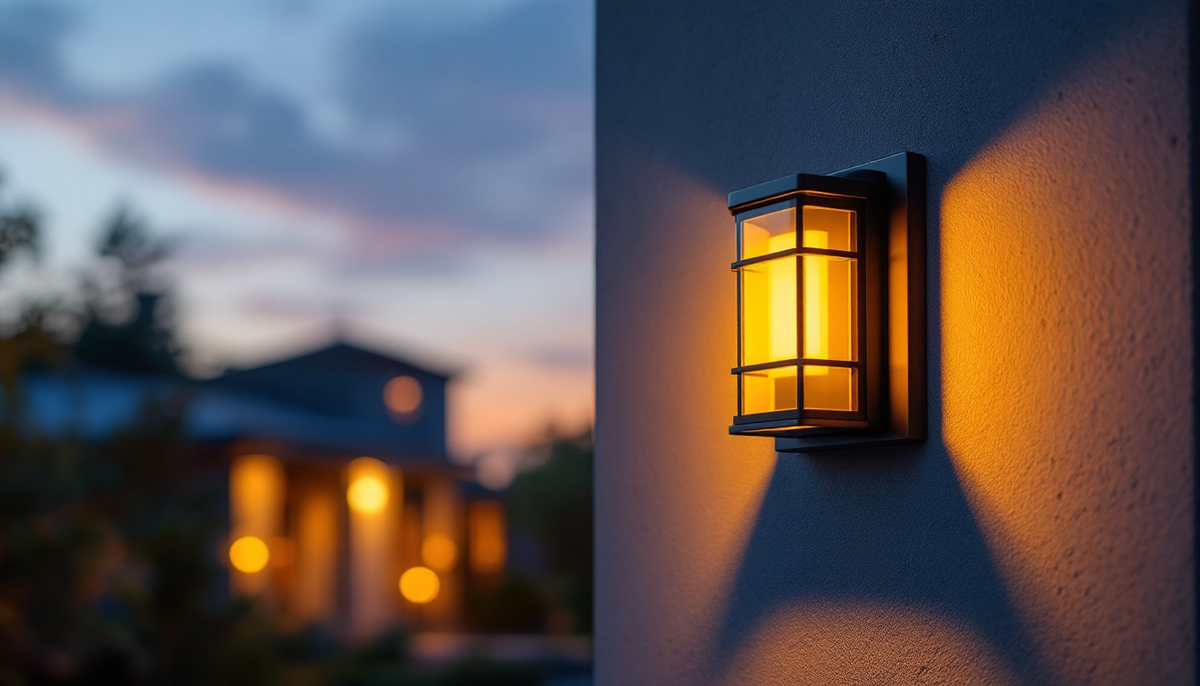 A photograph of a wall pack light illuminating an outdoor space at dusk