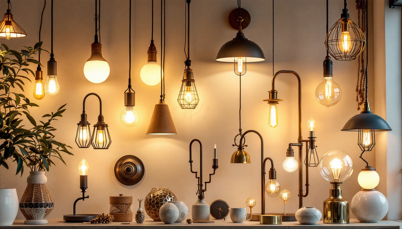 A photograph of a beautifully arranged display of various light fixtures in a well-lit setting