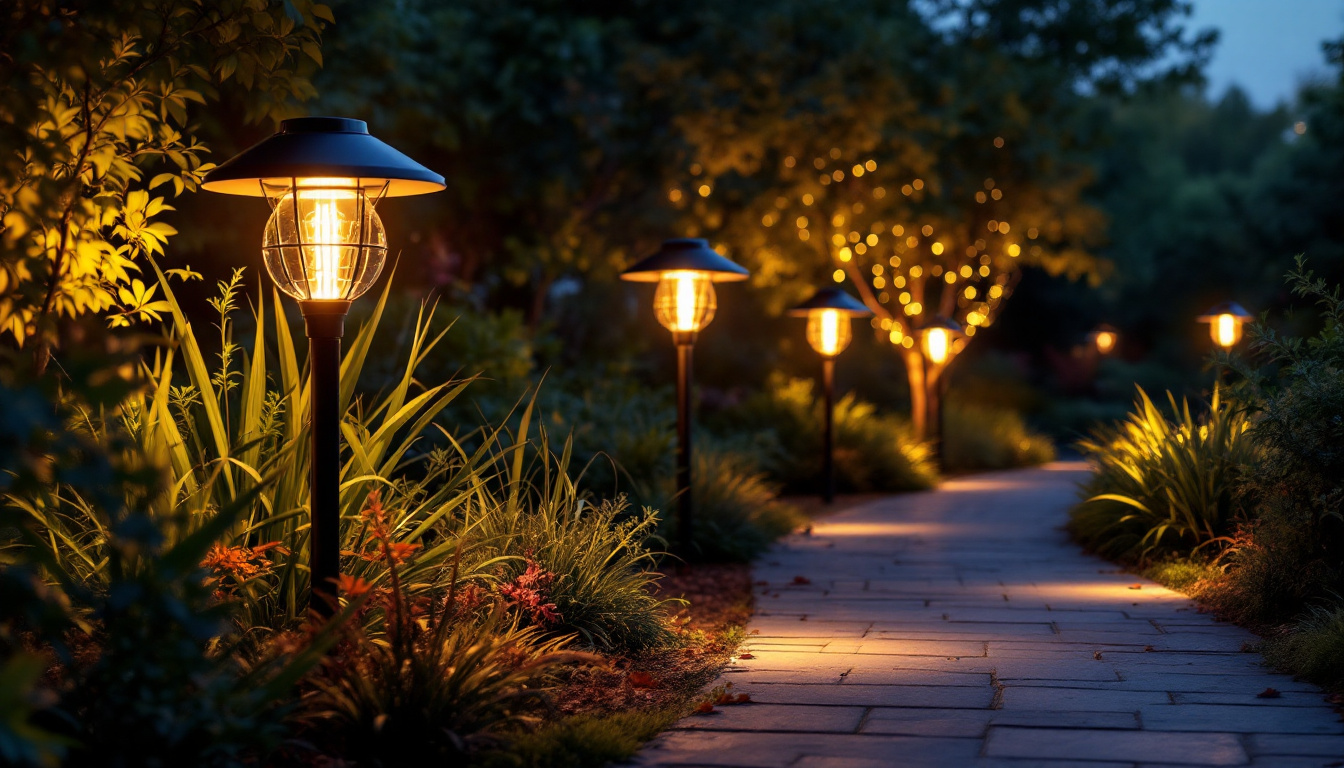 A photograph of a beautifully lit outdoor scene featuring solar pole lights illuminating a pathway or garden area at dusk