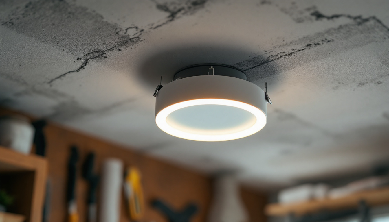 A photograph of a close-up of a modern led recessed light fixture being installed in a ceiling