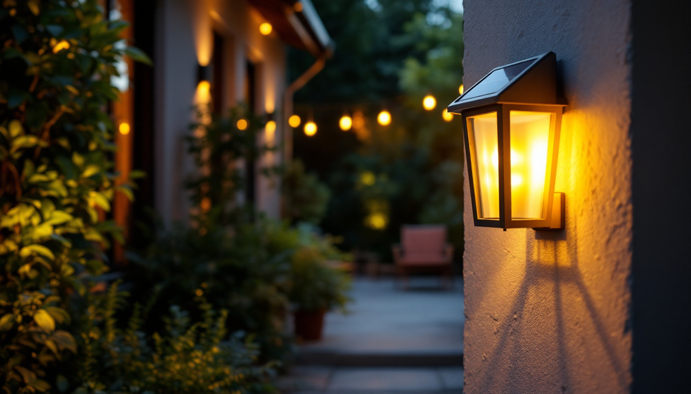 A photograph of capture a photograph of an outdoor setting illuminated by stylish solar wall lights