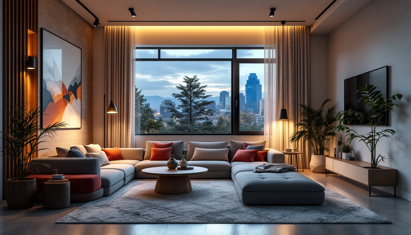 A photograph of a beautifully lit interior space showcasing various types of house lighting—such as ambient