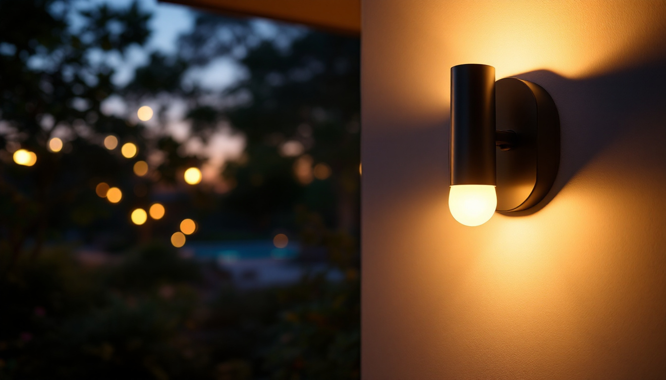 A photograph of a beautifully designed outdoor wall-mounted light fixture illuminating a cozy patio or garden setting during twilight