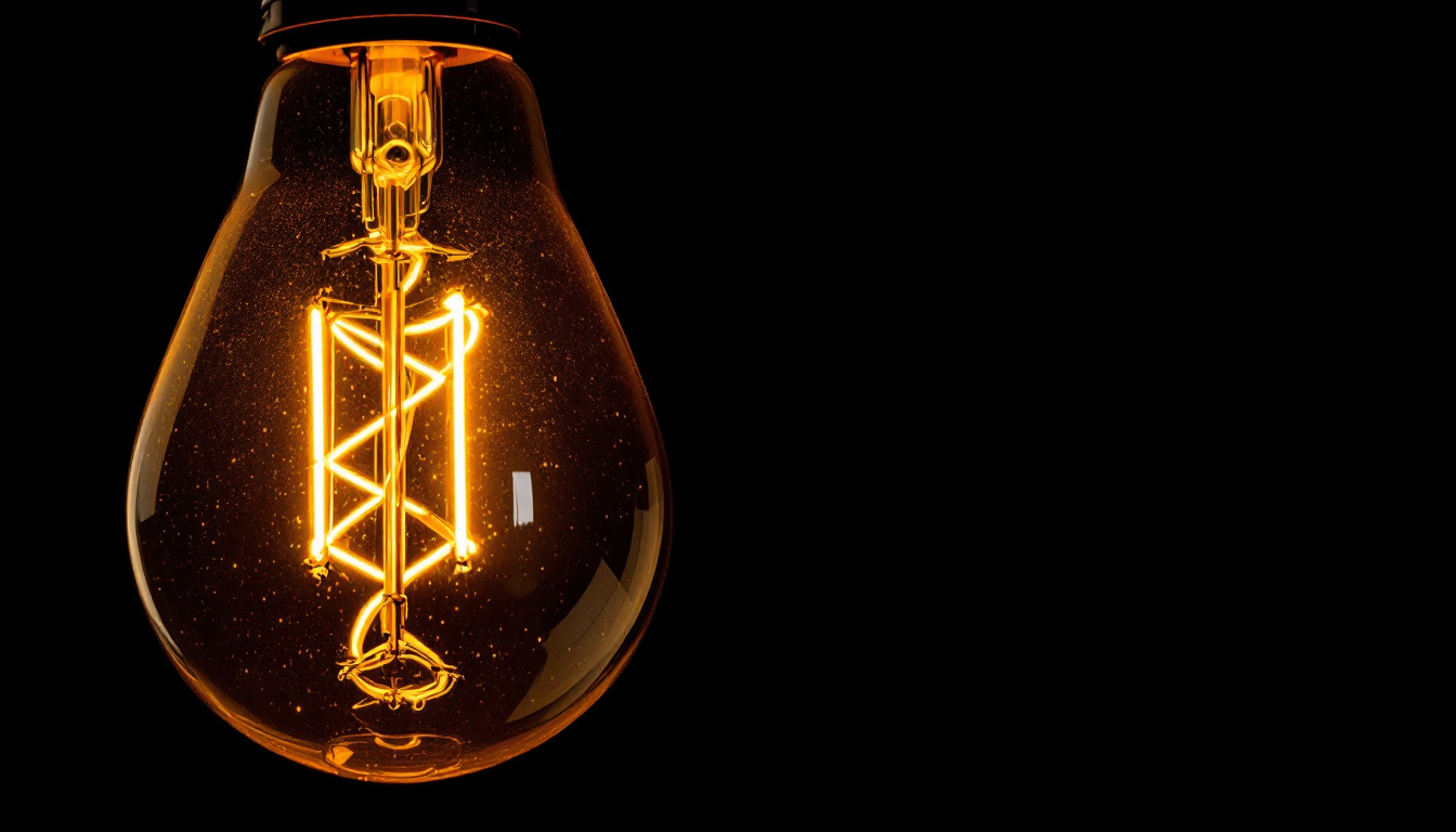 A photograph of a type t light bulb illuminated against a dark background