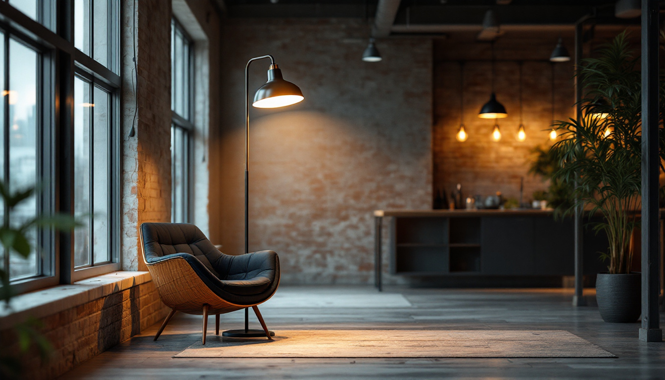 A photograph of a stylish industrial floor lamp illuminating a modern commercial space