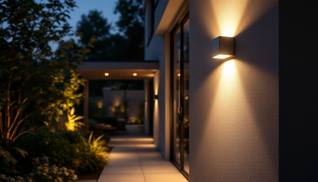 A photograph of a well-lit outdoor space featuring a wall pack light illuminating a building or pathway