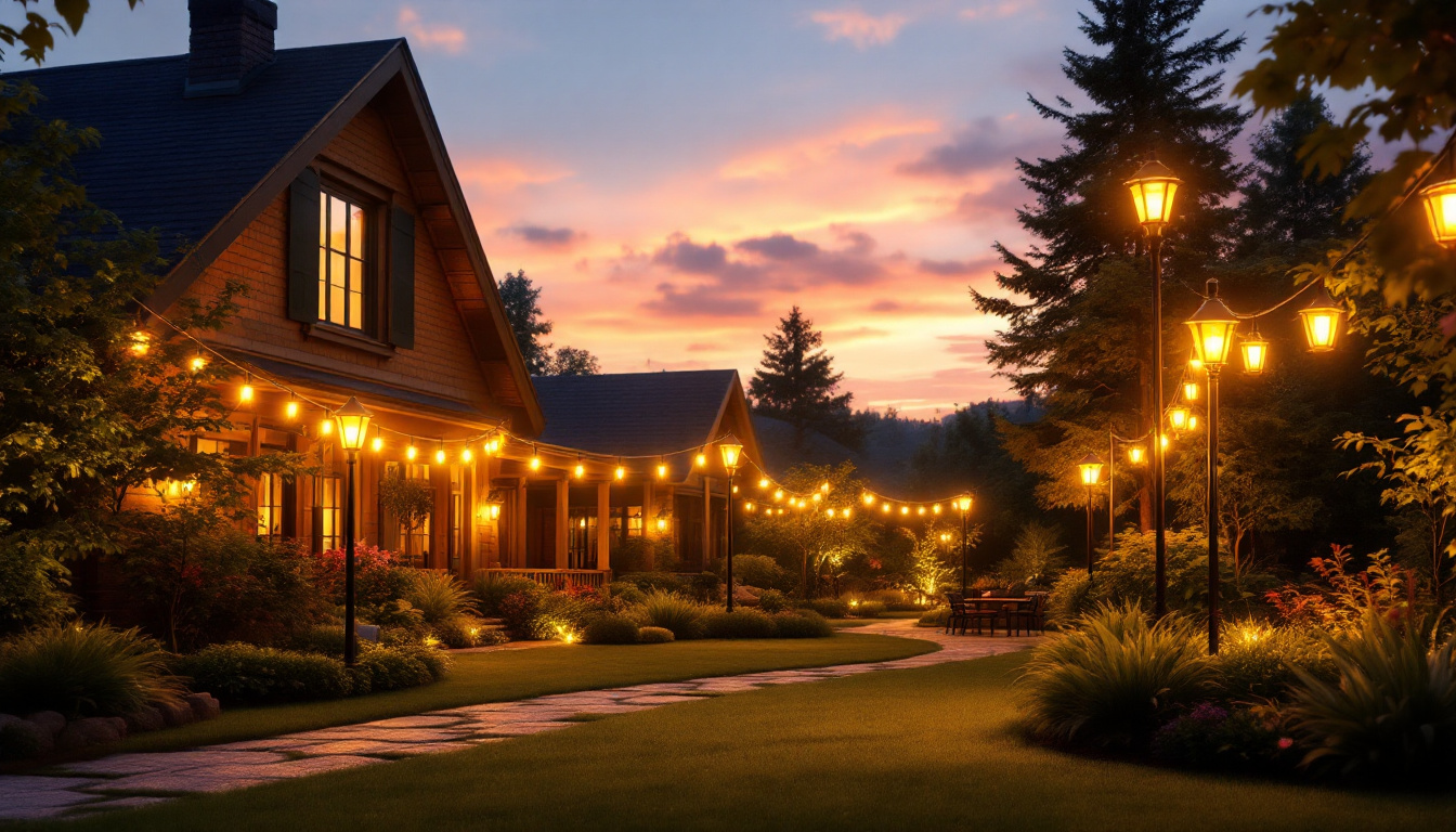 A photograph of a beautifully illuminated yard featuring various styles of light poles