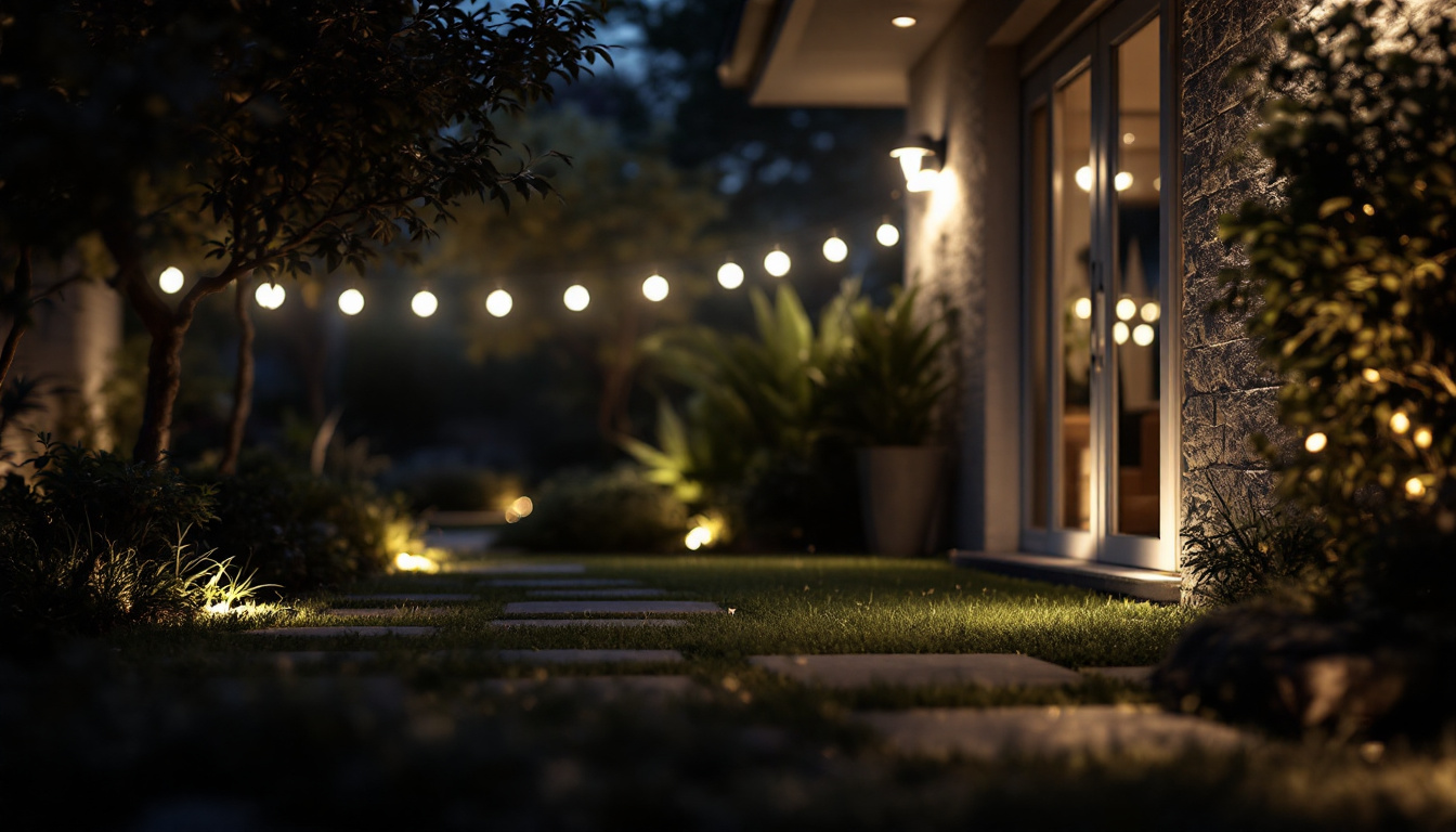 A photograph of capture a photograph of a beautifully illuminated outdoor space featuring motion sensor lights in action