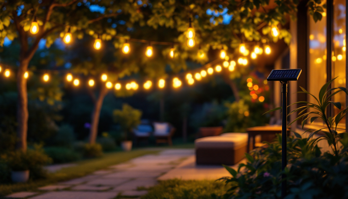 A photograph of a vibrant outdoor scene illuminated by solar light bulbs at dusk