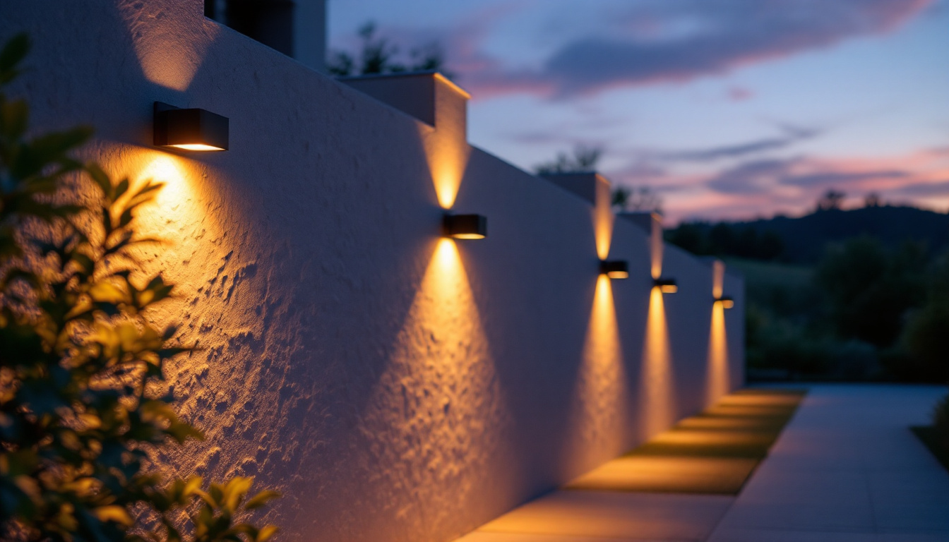 A photograph of a beautifully illuminated exterior wall featuring solar wall lights at dusk