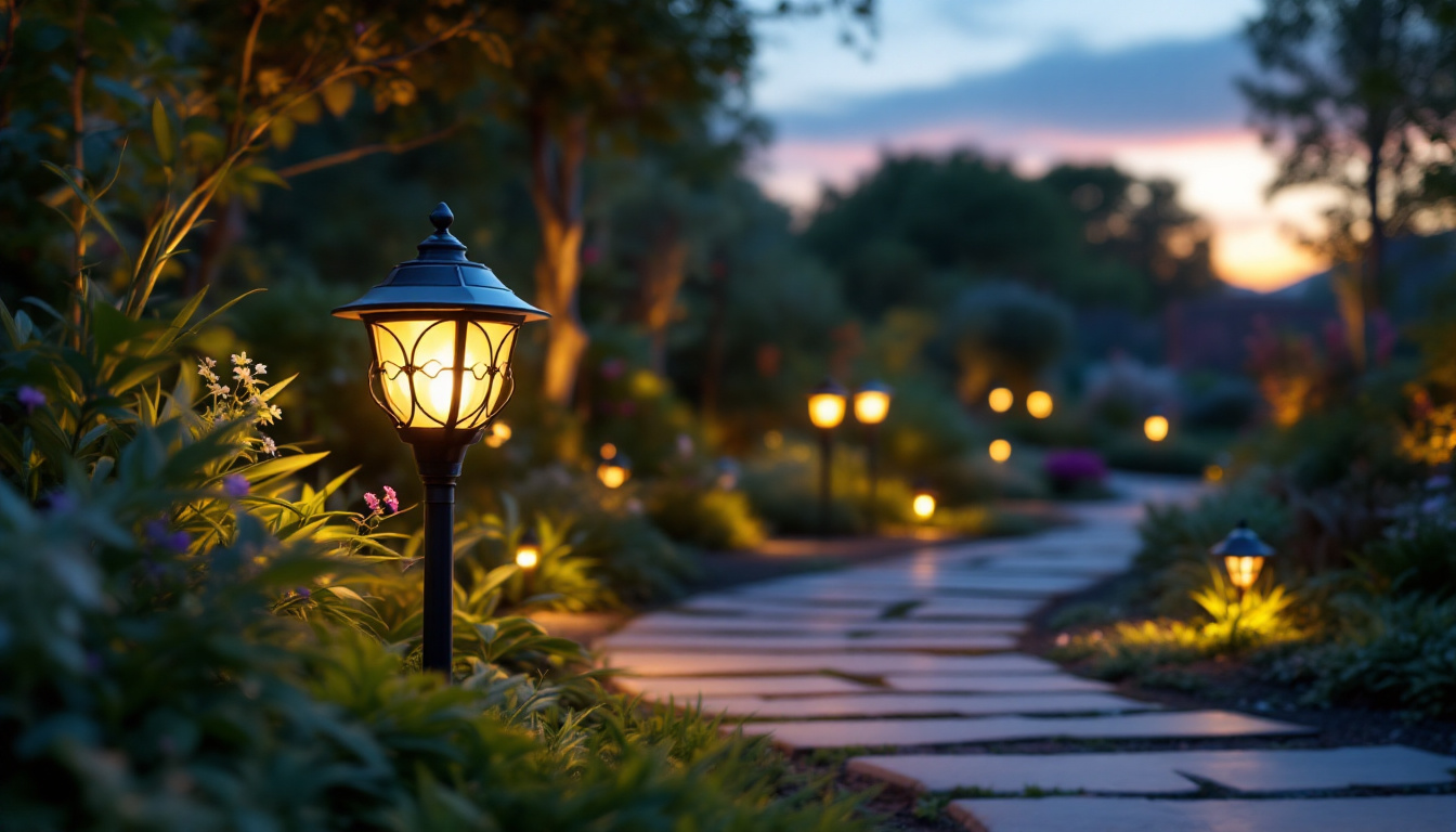 A photograph of a beautifully illuminated outdoor garden scene at dusk