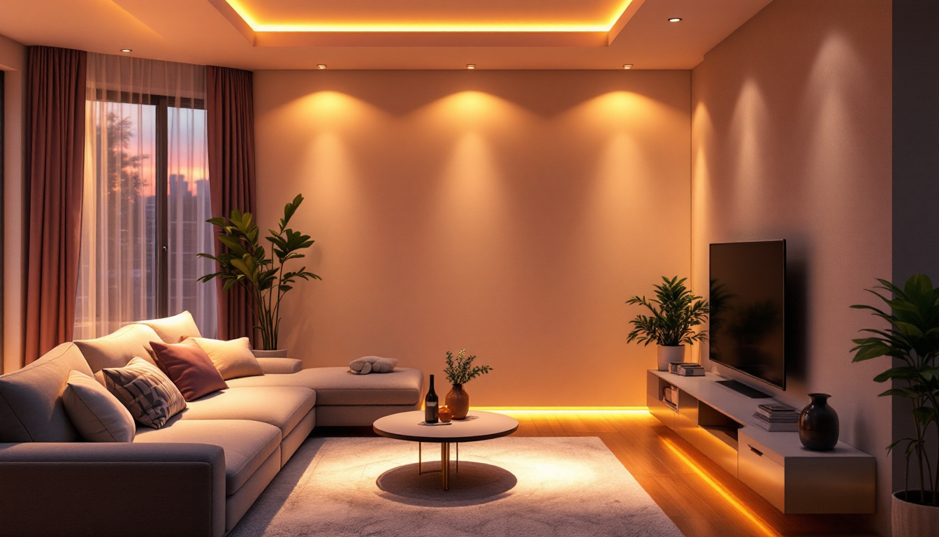 A photograph of a modern living space featuring recessed led can lights