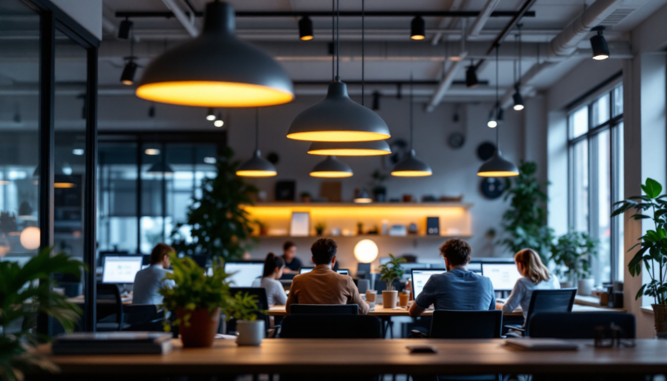 A photograph of a modern workplace featuring a stylish hanging light fixture that enhances the ambiance
