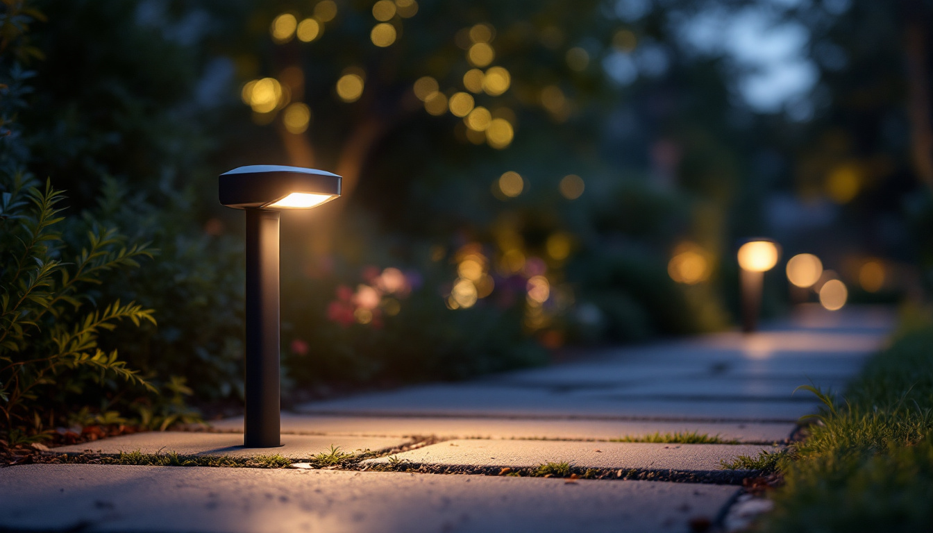 A photograph of capture a photograph of an outdoor sensor light illuminating a pathway or garden at dusk