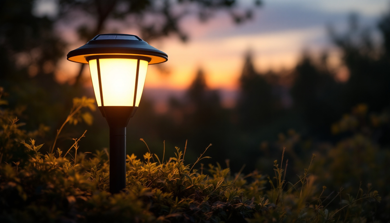 A photograph of a solar led lamp illuminated at dusk