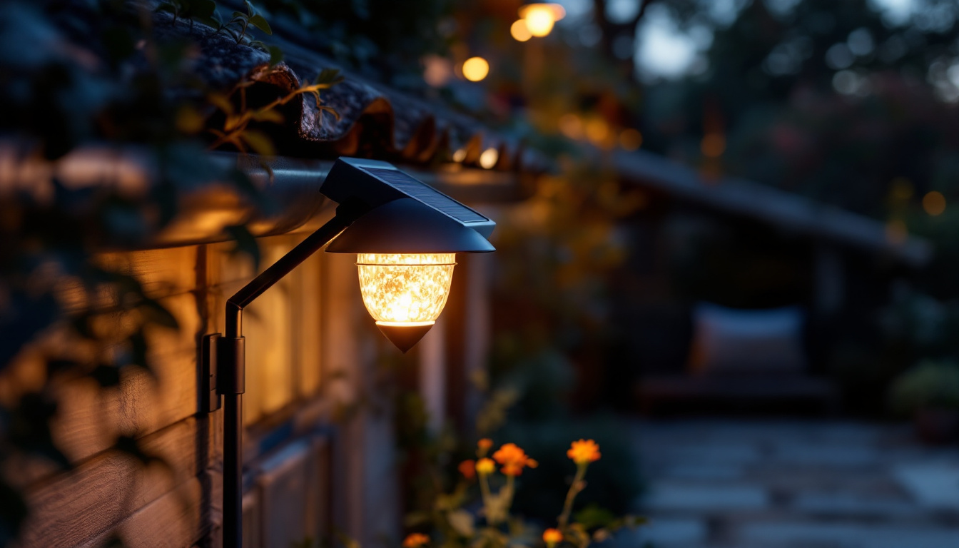 A photograph of a solar gutter lamp elegantly illuminating a cozy outdoor space at dusk