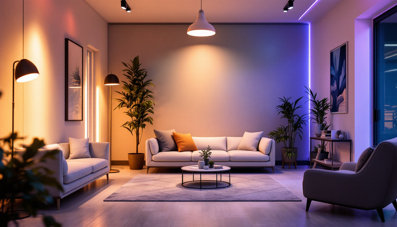 A photograph of a well-lit interior space featuring t5 led light bulbs in various fixtures