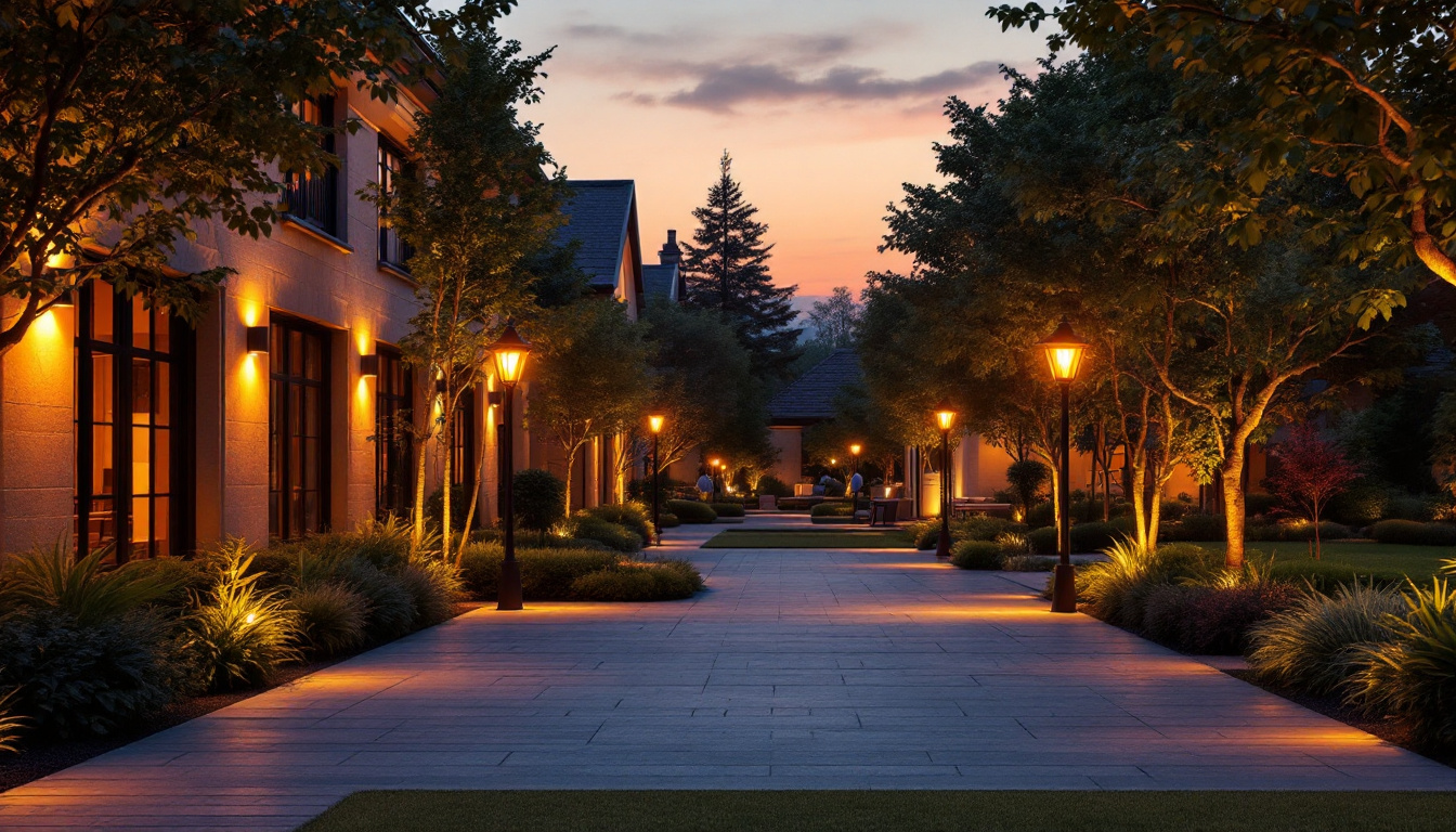 A photograph of a beautifully illuminated outdoor space at dusk