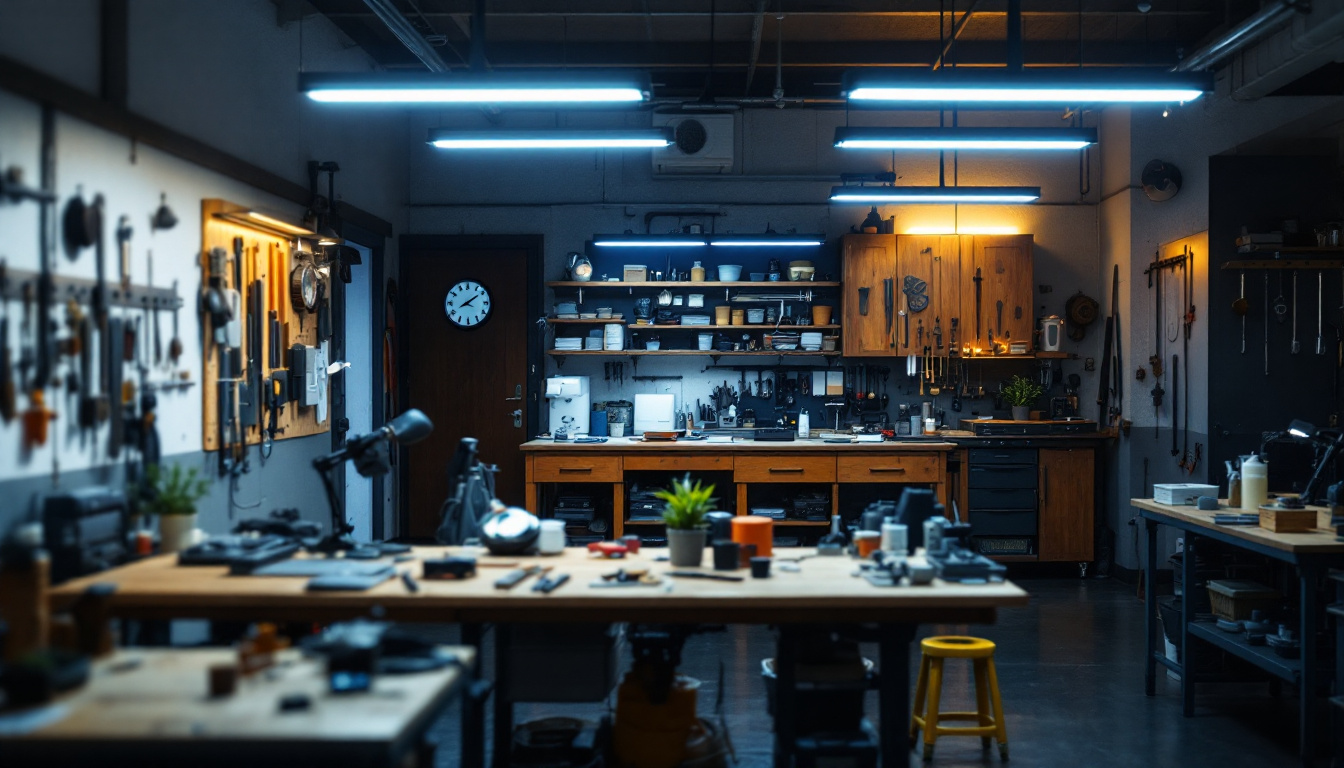 A photograph of a well-lit workshop or garage featuring four-foot led shop lights illuminating various workstations