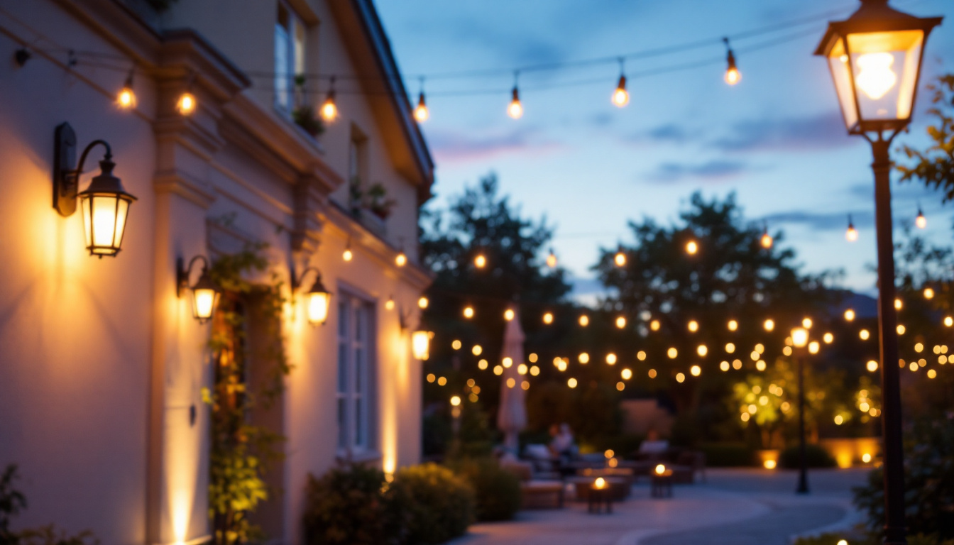 A photograph of a beautifully illuminated outdoor space showcasing various styles of light fixtures in use