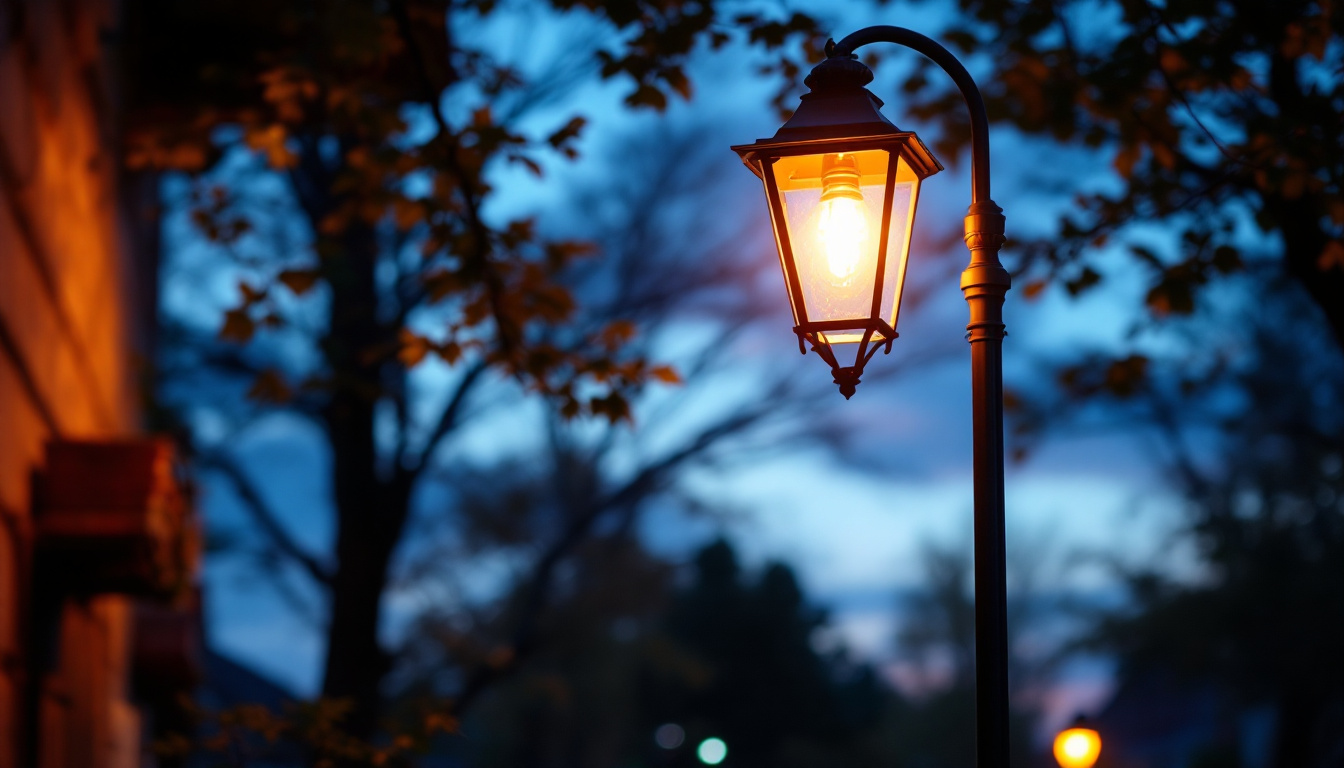 A photograph of a charming lamppost illuminated at twilight