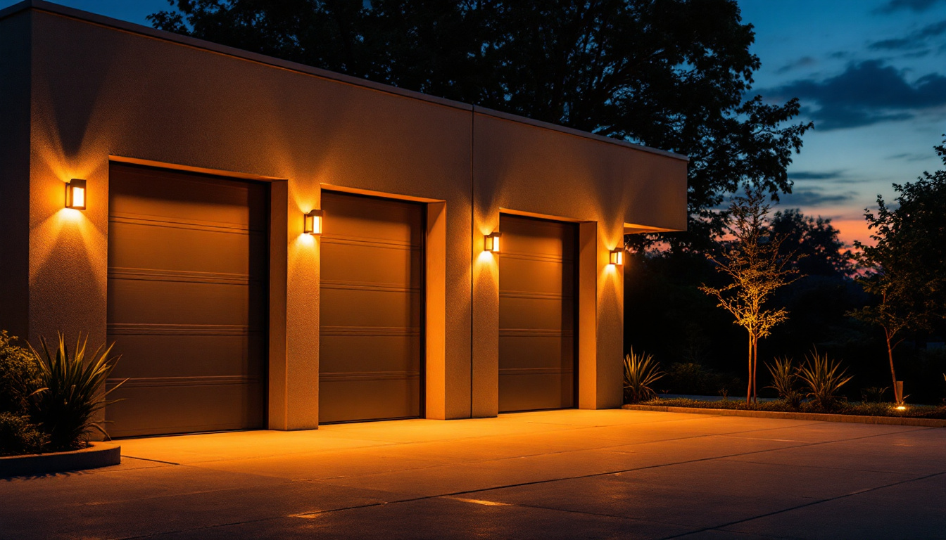 A photograph of capture a photograph of a beautifully illuminated outdoor garage space at dusk