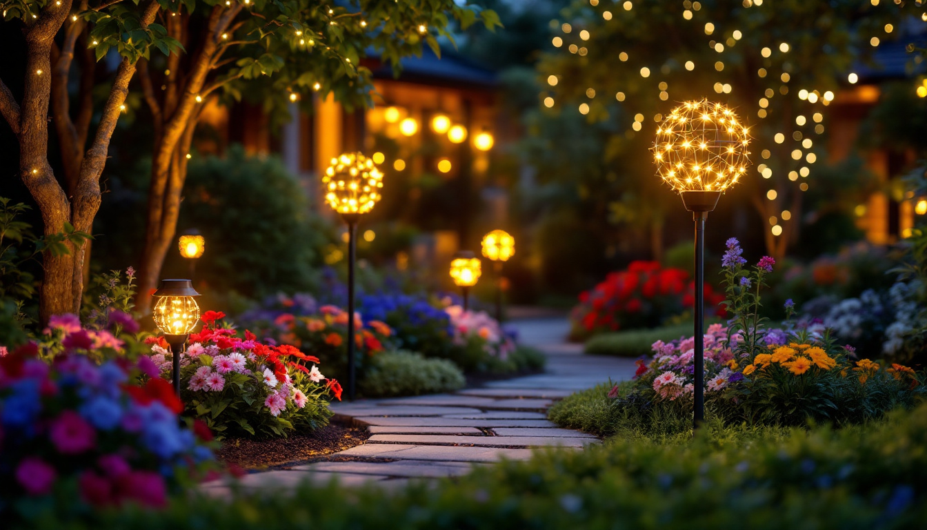 A photograph of a beautifully illuminated garden at dusk
