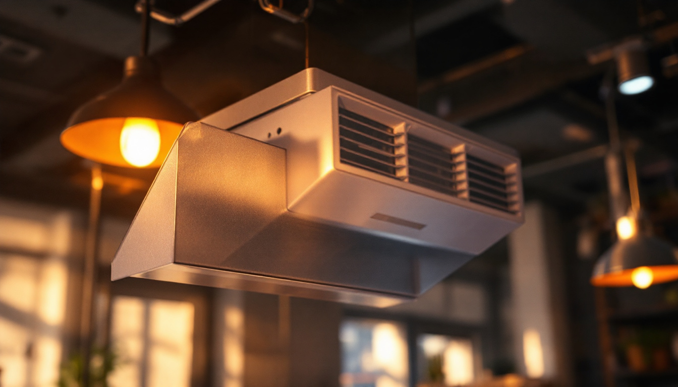 A photograph of a stylish and modern shop exhaust fan installed in a well-lit commercial space