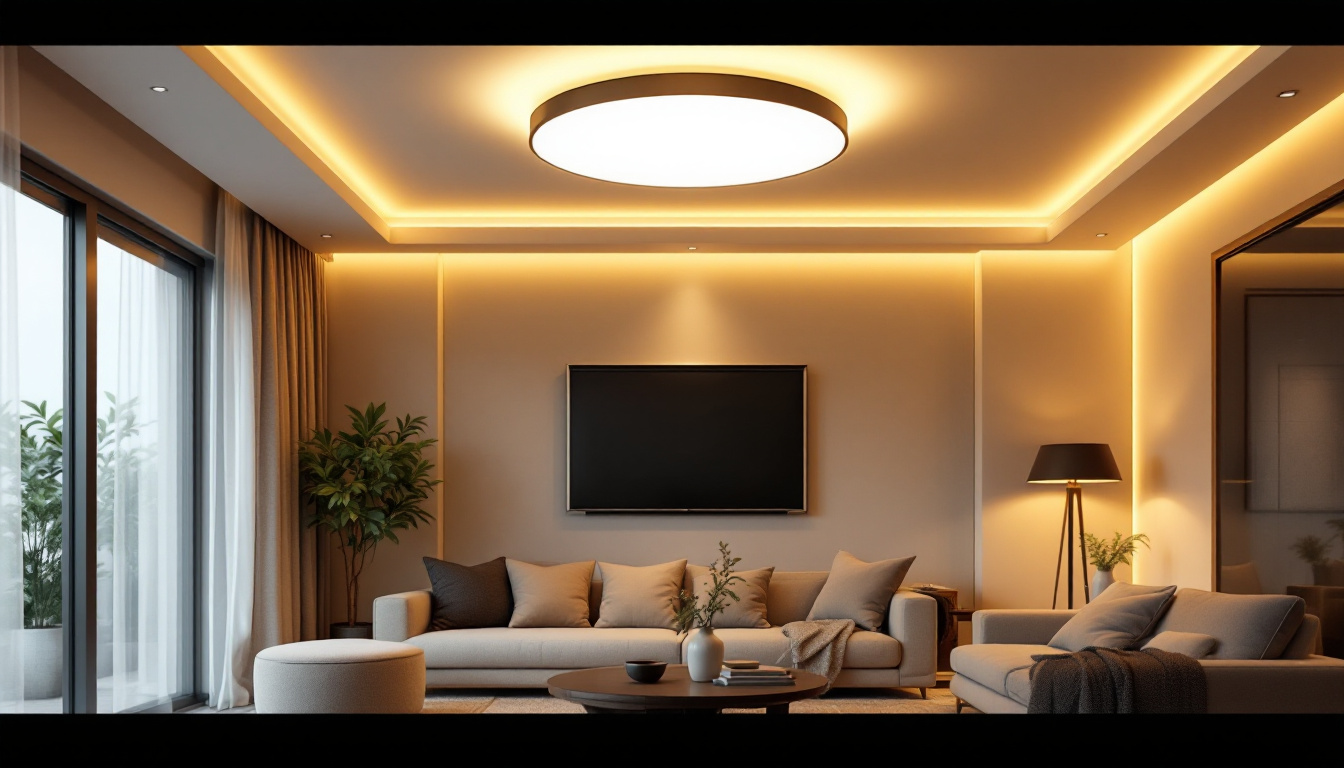 A photograph of a stylish led flush mount ceiling light installed in a modern living space