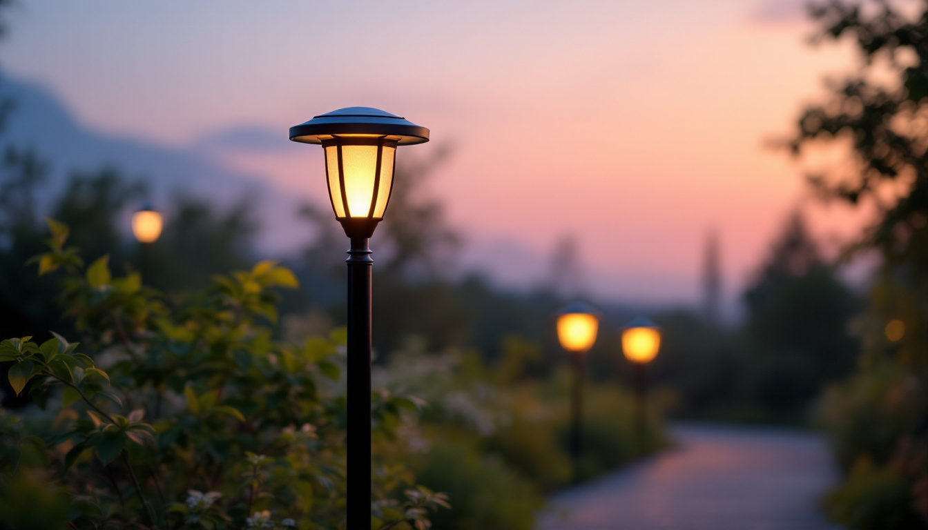 A photograph of a beautifully illuminated solar lamp post in a serene outdoor setting during twilight