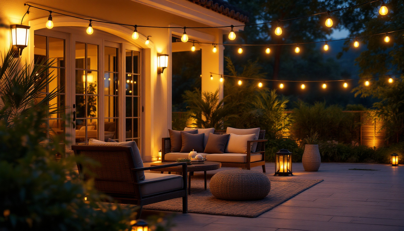 A photograph of a beautifully lit outdoor patio scene at dusk