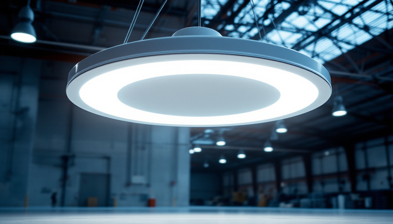 A photograph of capture a photograph of a modern ufo high bay light installed in a spacious industrial setting