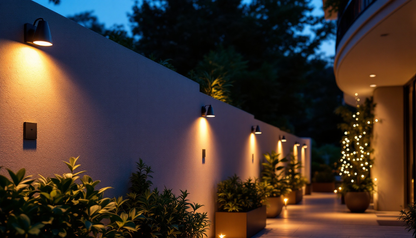 A photograph of a beautifully illuminated outdoor wall featuring stylish led lights at dusk