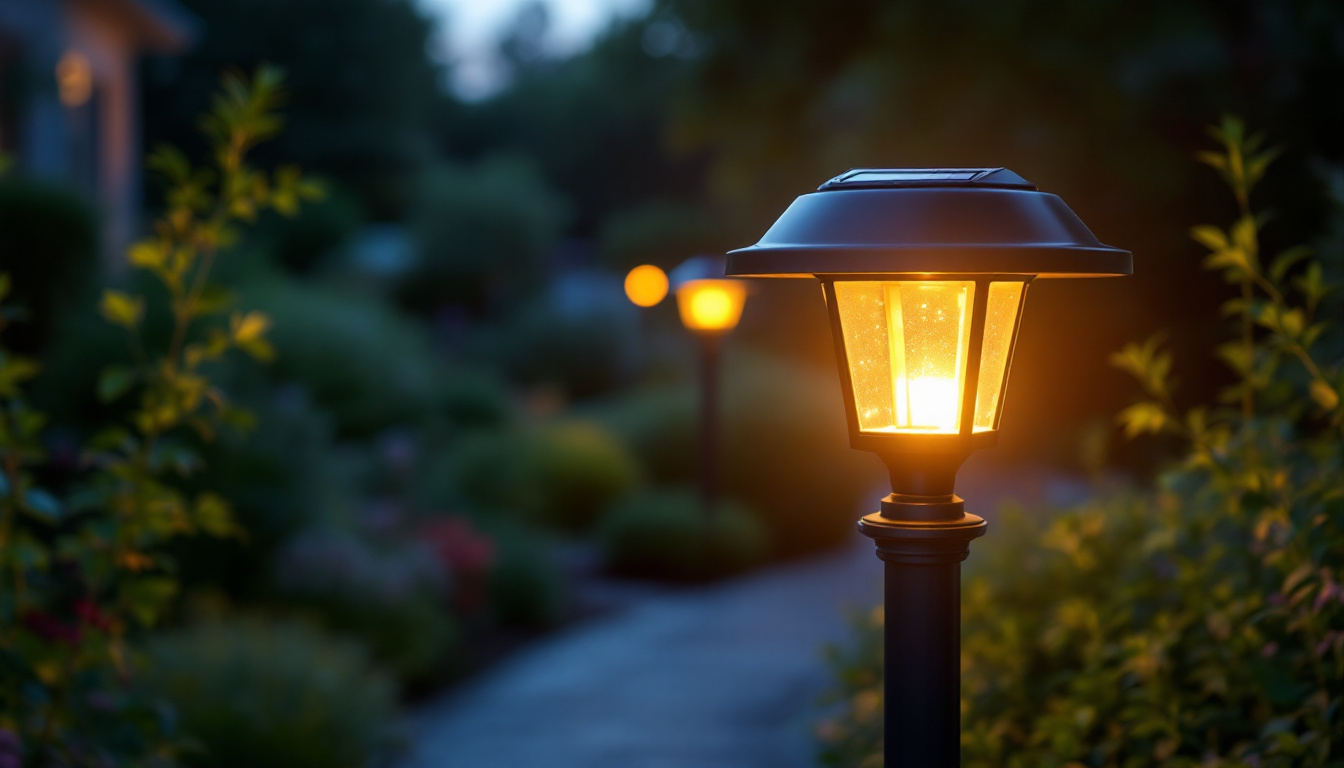 A photograph of a beautifully illuminated solar post lamp in an outdoor setting during twilight
