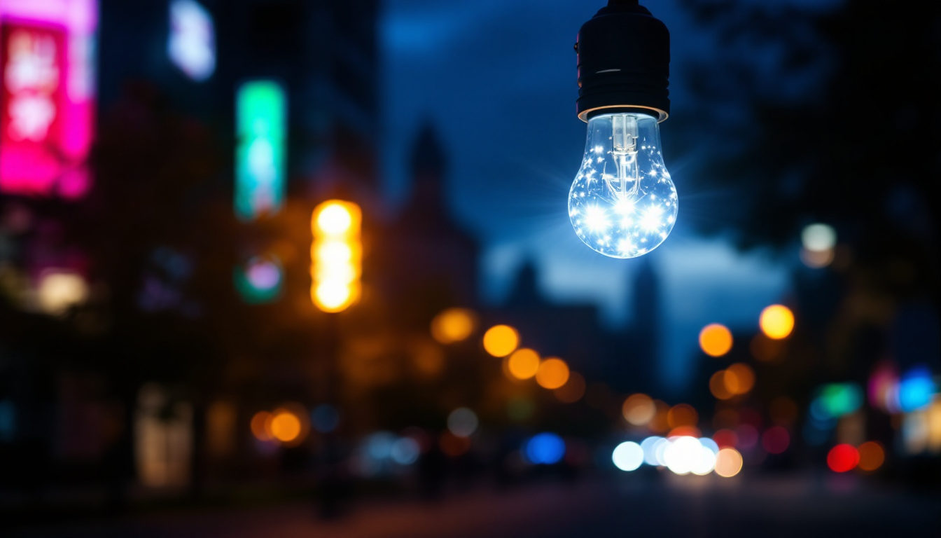 A photograph of capture a photograph of a vibrant led street bulb illuminating a nighttime urban scene