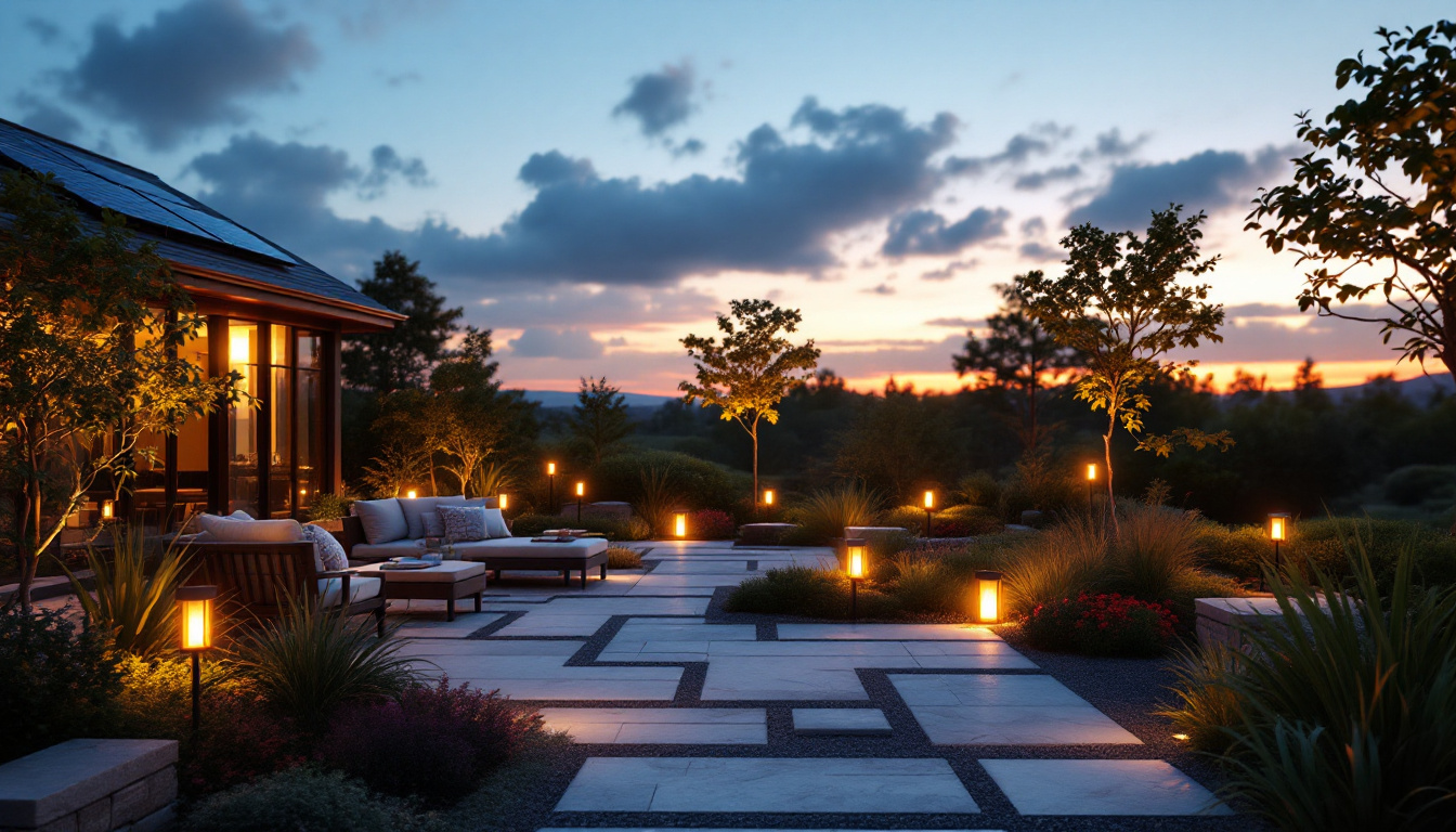 A photograph of a beautifully illuminated outdoor space featuring various solar exterior lights in action during twilight