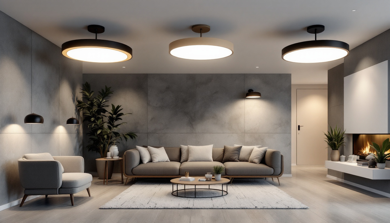 A photograph of a stylish interior space featuring a variety of flush mount lights in different styles and settings