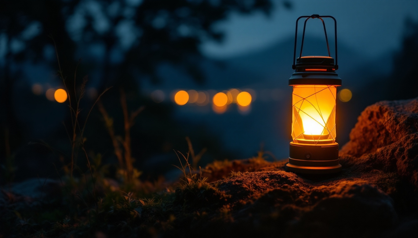 A photograph of capture a photograph of the luminaid lantern glowing softly in a dark outdoor setting