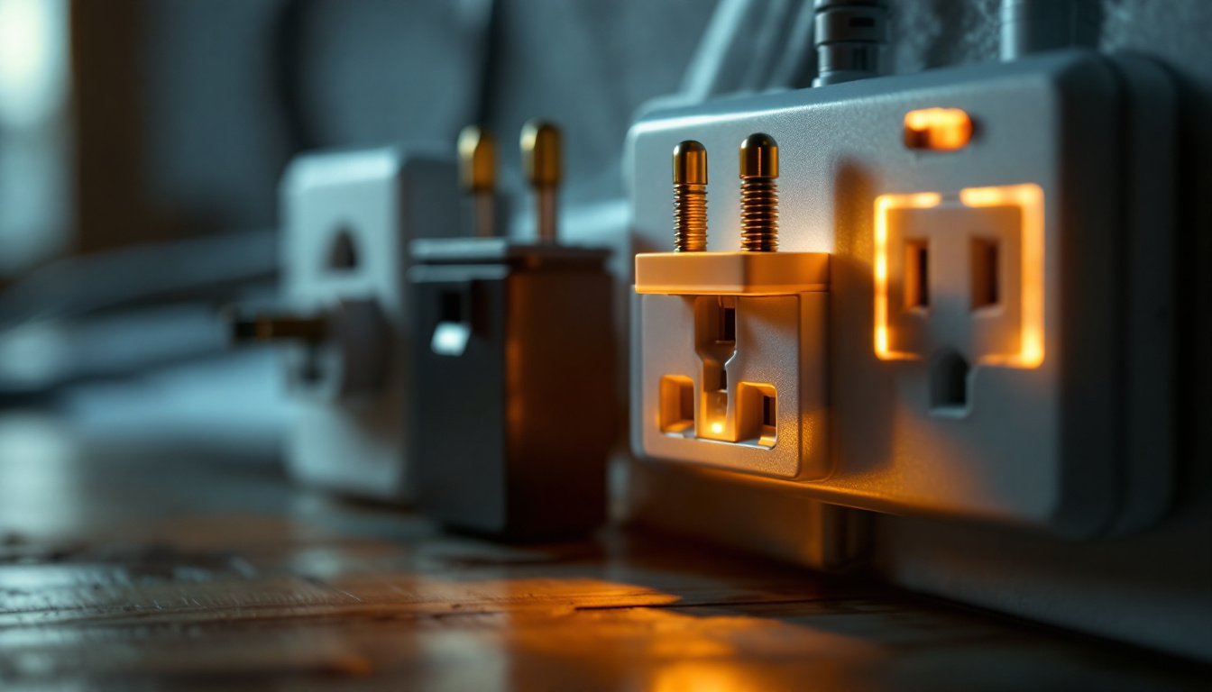 A photograph of a close-up of various types of electrical outlet plugs