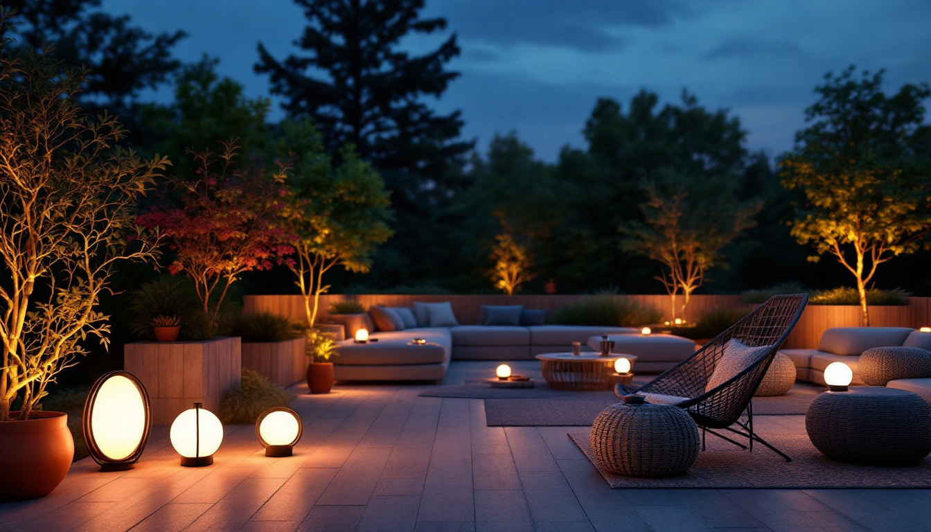 A photograph of a beautifully lit outdoor space featuring various styles of led lamps