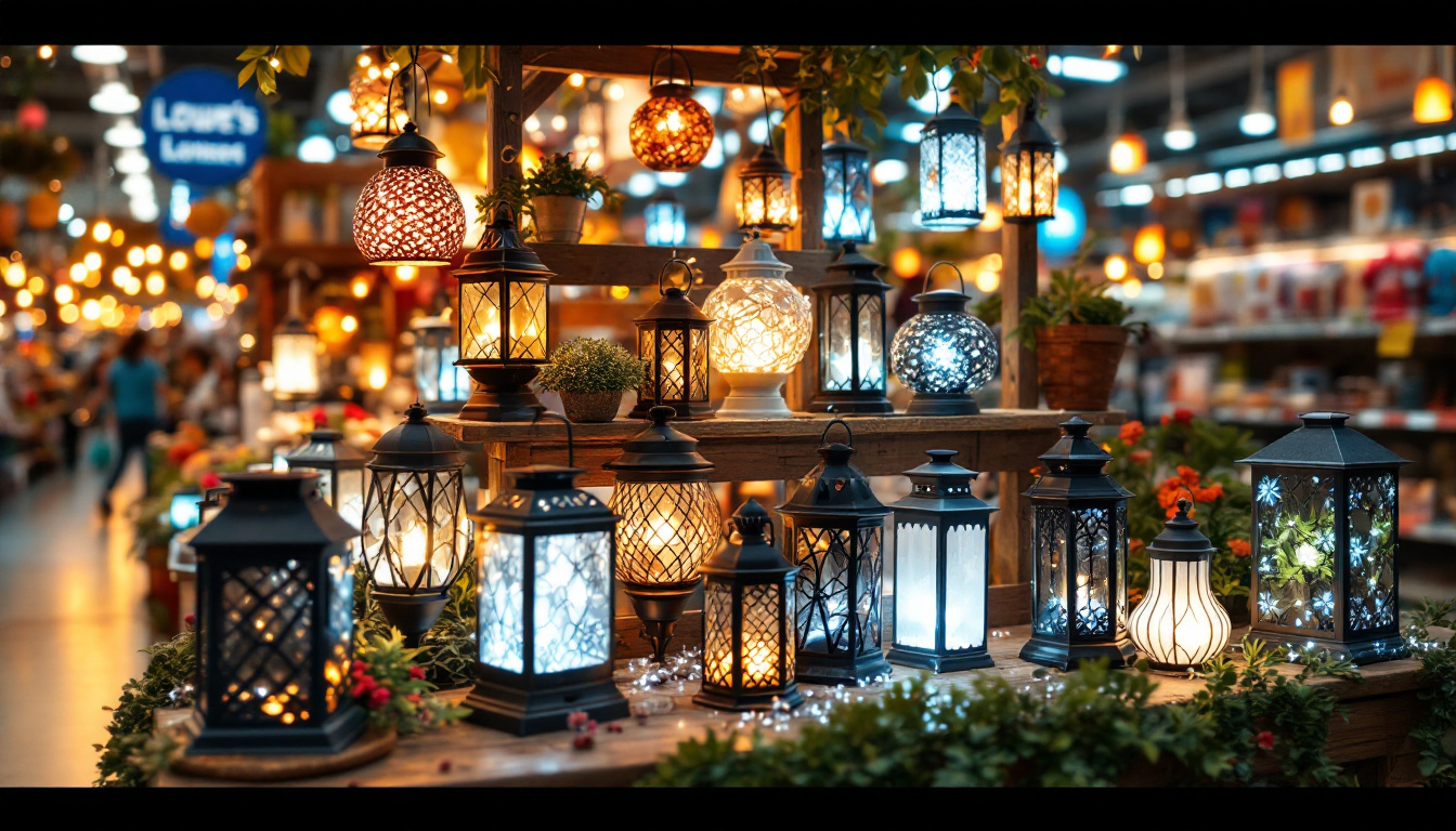 A photograph of a vibrant display of solar lanterns in a lowes store