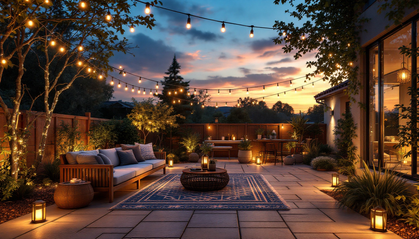 A photograph of a beautifully lit patio at dusk