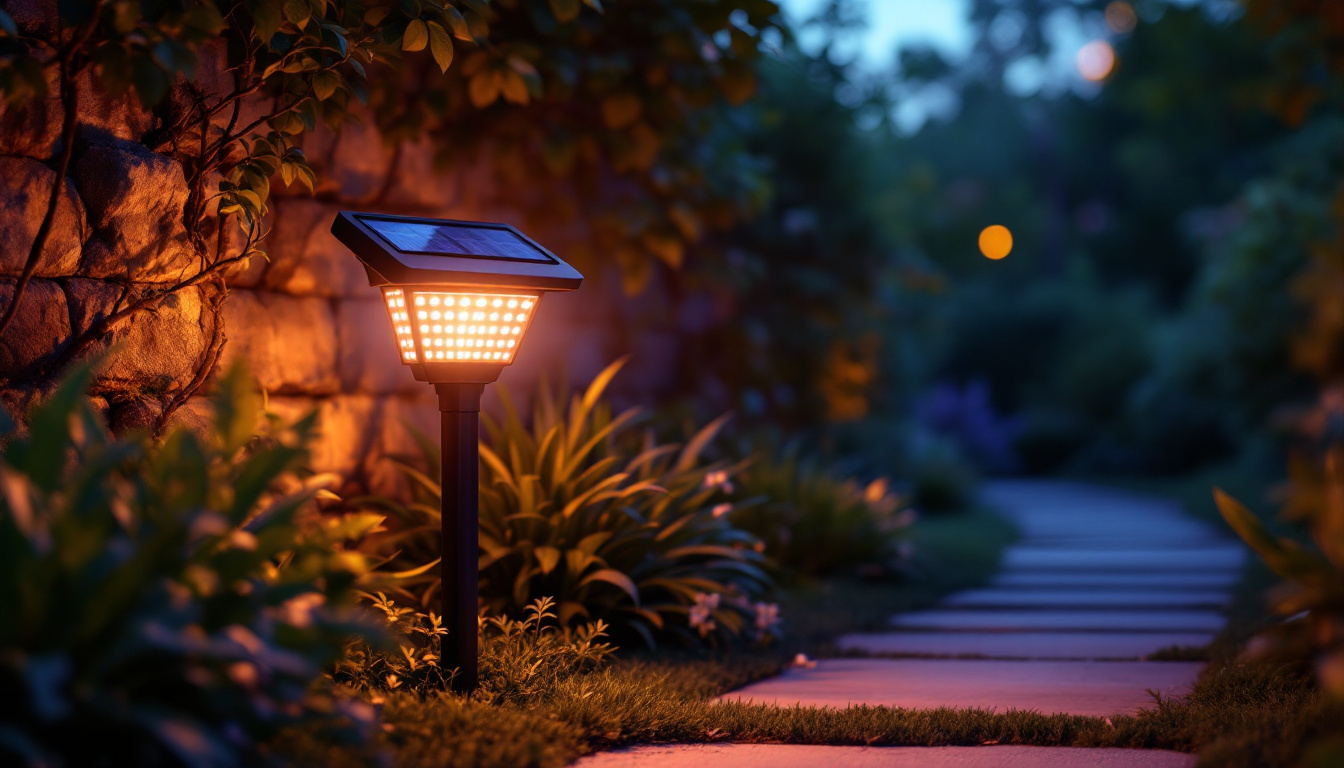 A photograph of a vibrant outdoor scene showcasing a solar-powered led light illuminating a garden or pathway at dusk