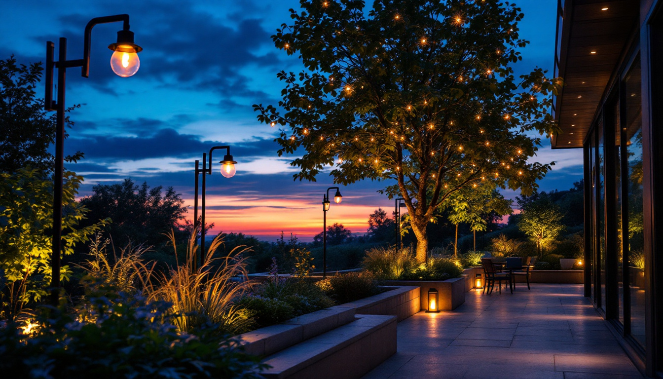 A photograph of capture a photograph of a beautifully illuminated outdoor space transitioning from dusk to dawn