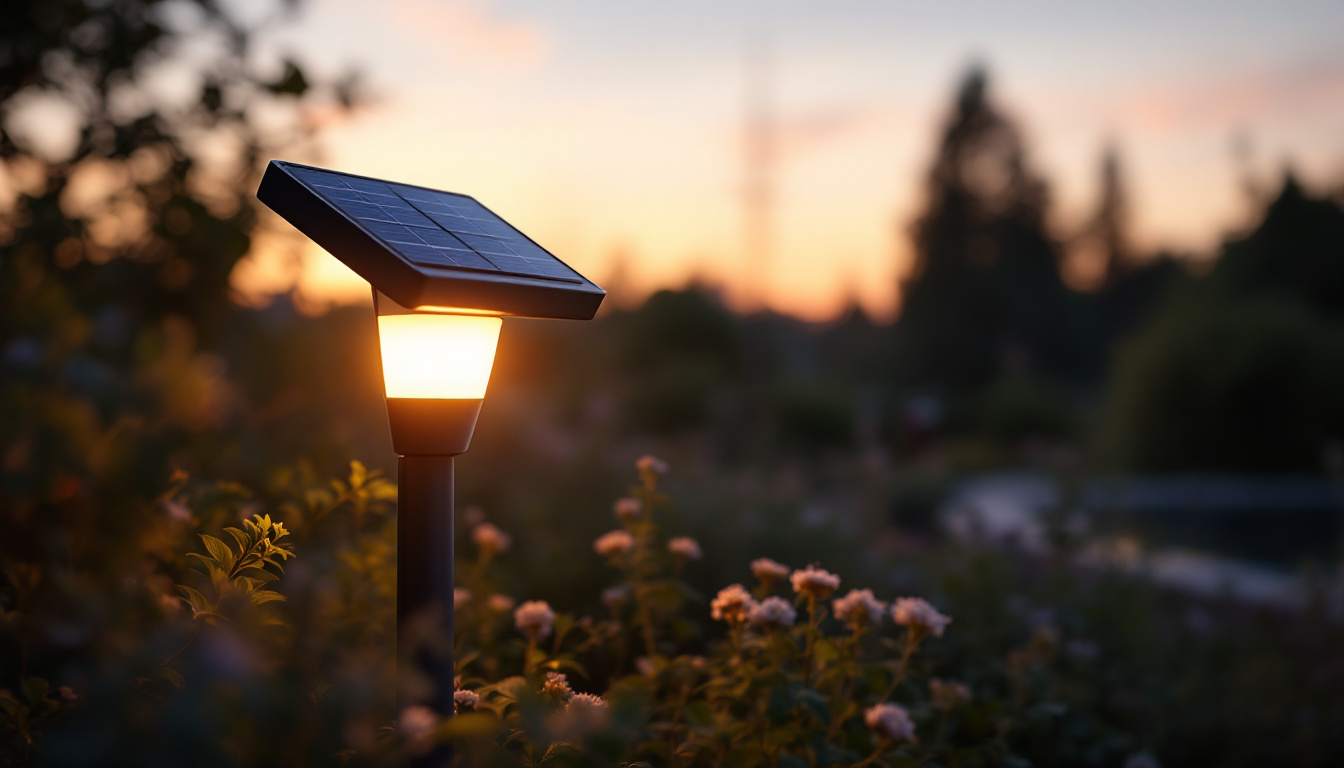 A photograph of a beautifully designed solar-powered light fixture illuminating a serene outdoor setting at dusk