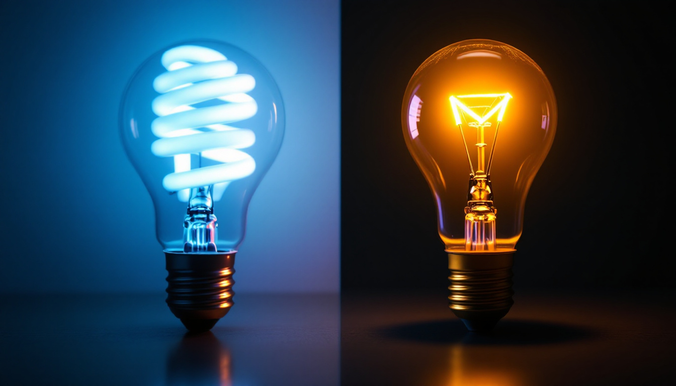 A photograph of a side-by-side comparison of a traditional fluorescent bulb and a modern led bulb