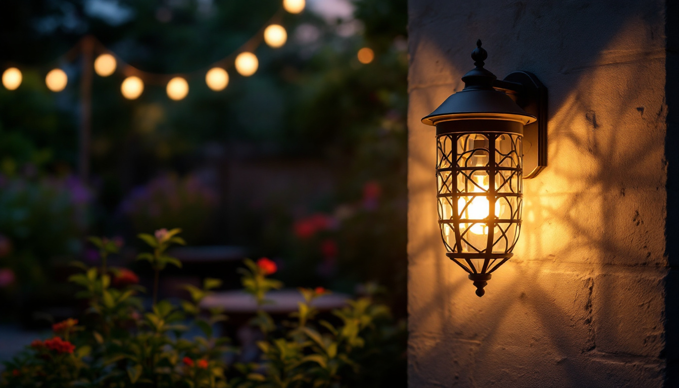 A photograph of capture a photograph of a beautifully designed outdoor solar wall lantern illuminated at dusk