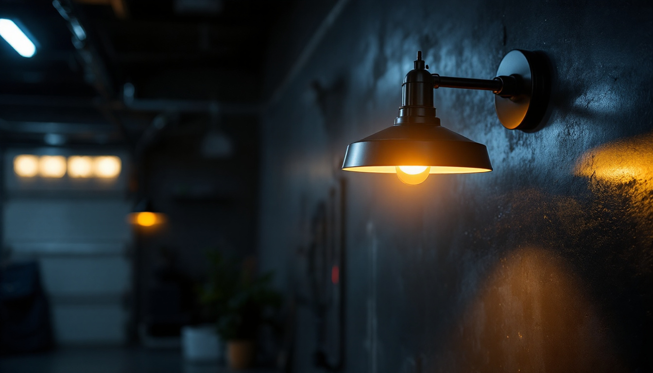 A photograph of a stylish garage lamp fixture illuminated in a dimly lit garage setting