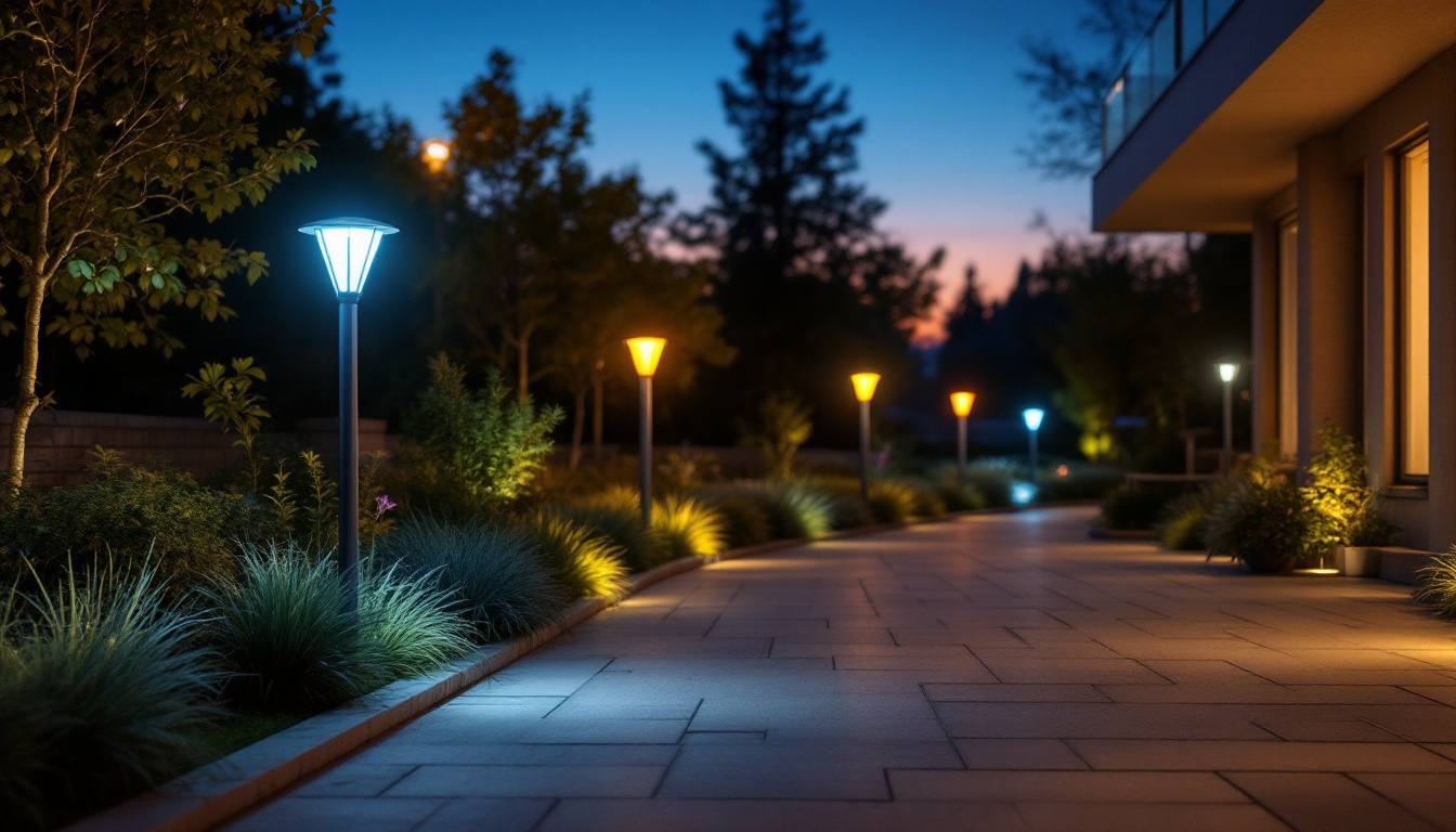 A photograph of a beautifully illuminated outdoor space featuring various styles of led lamps in use